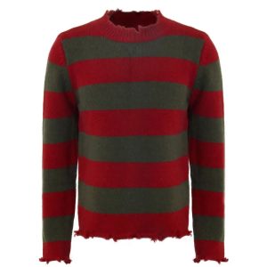 Pull en Maille Rayé Rouge et Vert Dégarni