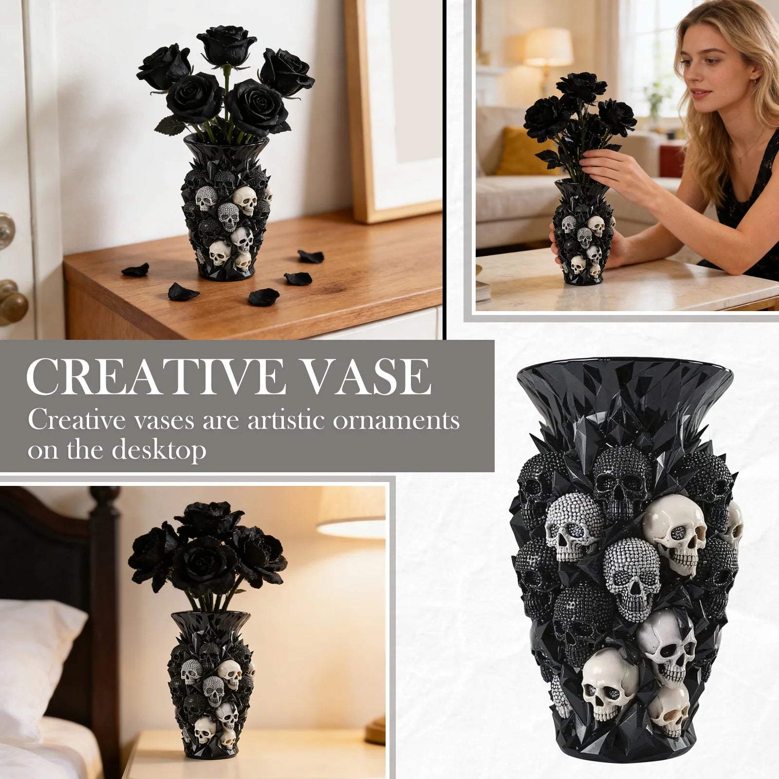 Vase Décoratif Noir à Crânes Gothiques et Facettes – Image 2