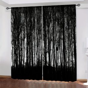 Rideaux Graphiques à Silhouette d'Arbres Noirs