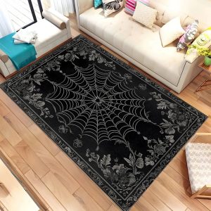 Tapis Rectangulaire Noir Toile d'Araignée et Bordure Gothique