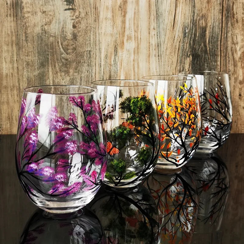 Verre à Vin Peint à la Main Motifs Arbres Saisons – Image 3