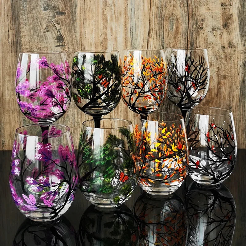 Verre à Vin Peint à la Main Motifs Arbres Saisons – Image 2