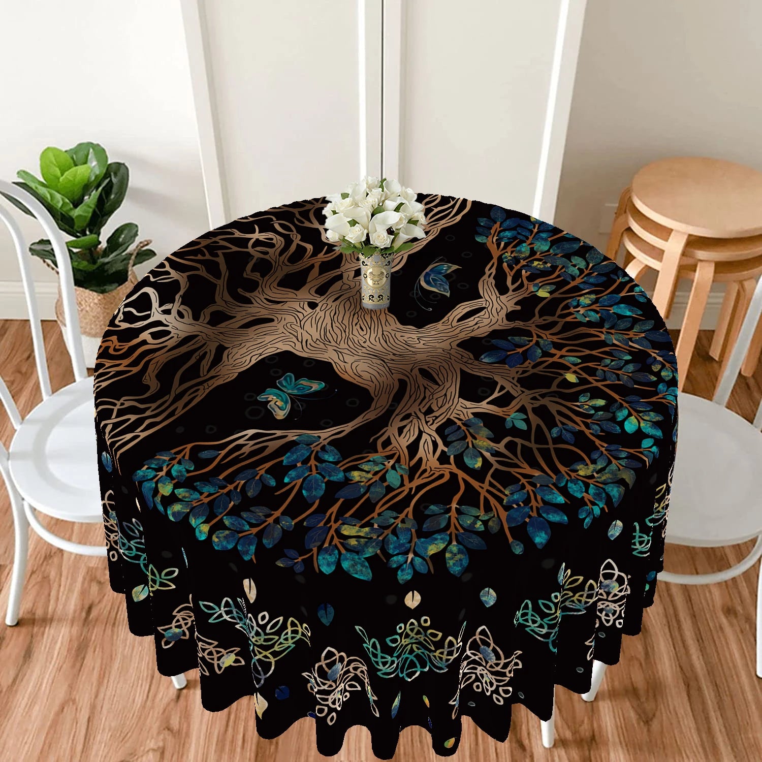 Nappe Ronde Bohème Noire Arbre de Vie et Phases de Lune – Image 4