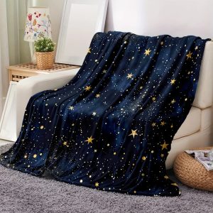 Plaid en Polaire Bleu Nuit Étoiles Dorées