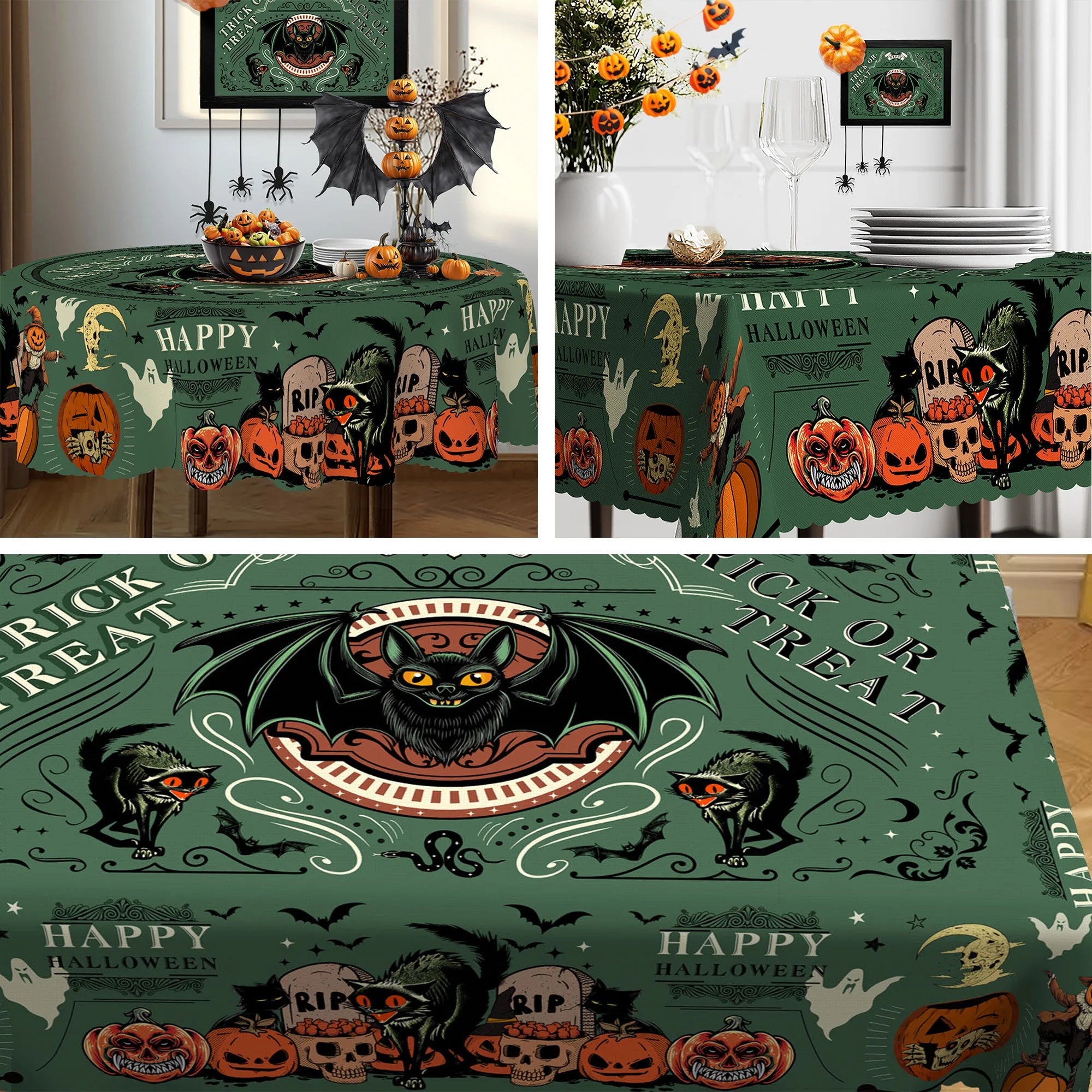 Nappe Ronde Halloween Vert "Trick or Treat" à Chauve-Souris – Image 3