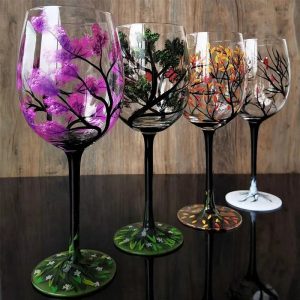 Verre à Vin Peint à la Main Motifs Arbres Saisons