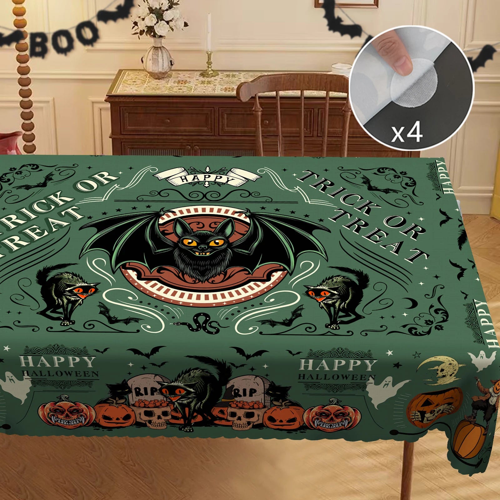 Nappe Ronde Halloween Vert "Trick or Treat" à Chauve-Souris – Image 5