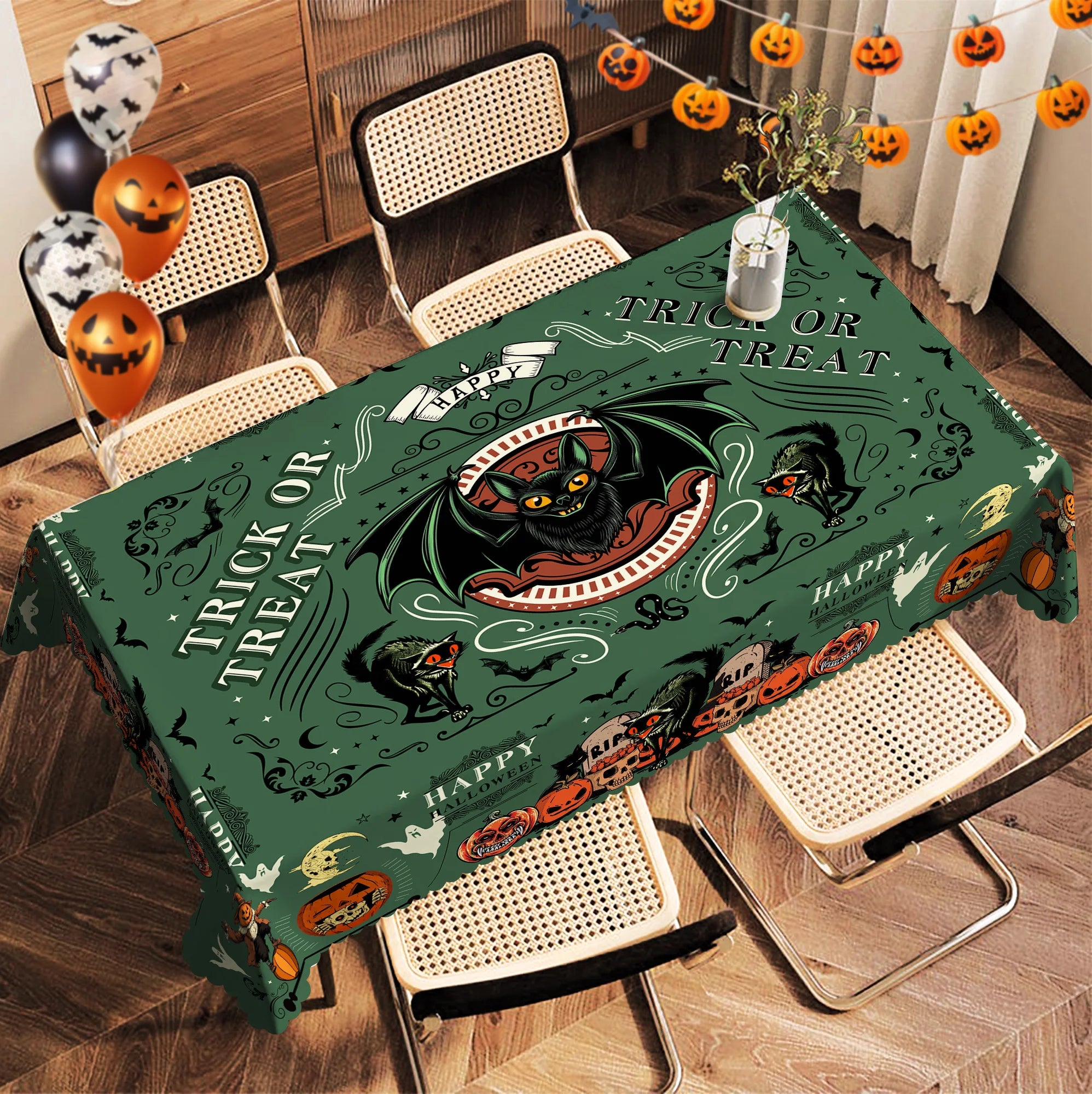 Nappe Ronde Halloween Vert "Trick or Treat" à Chauve-Souris – Image 2