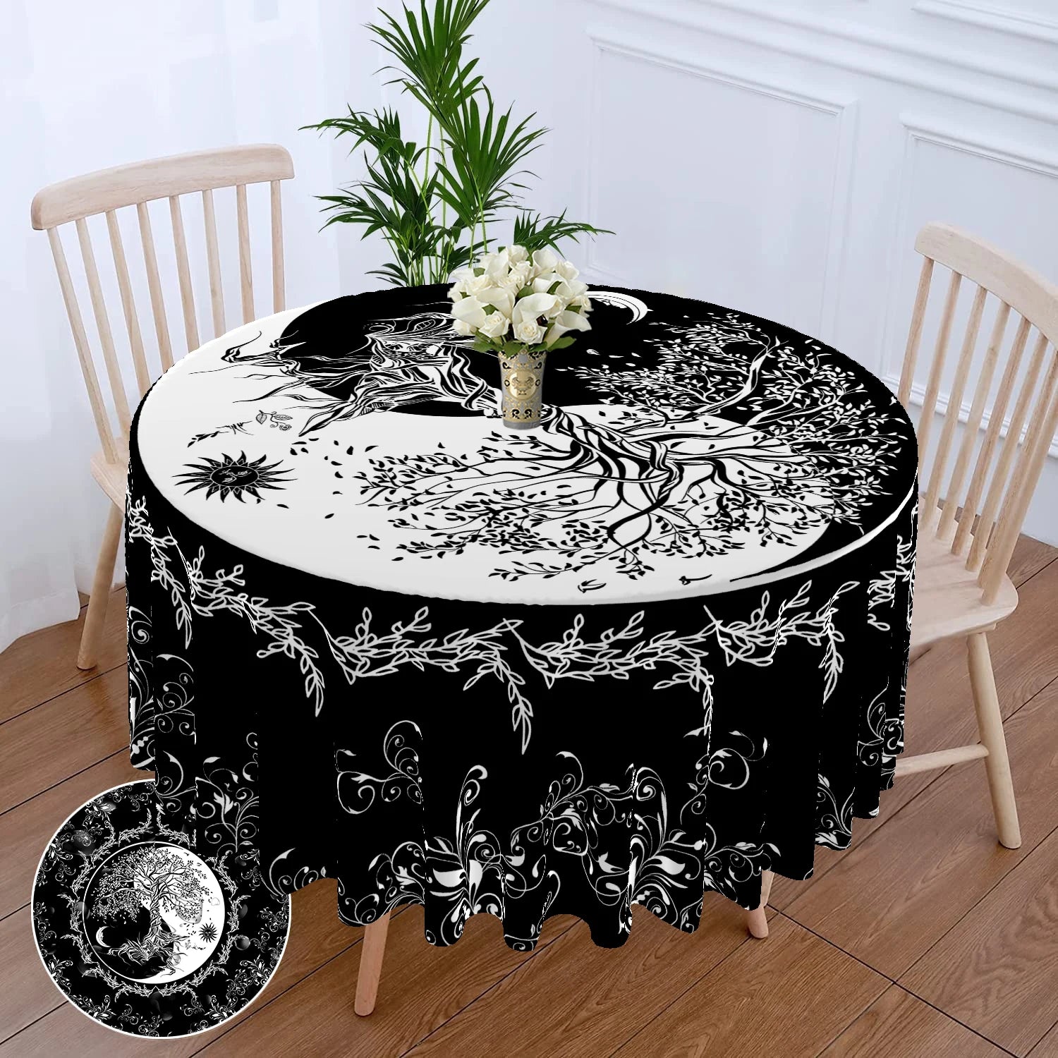 Nappe Ronde Bohème Noire Arbre de Vie et Phases de Lune – Image 8