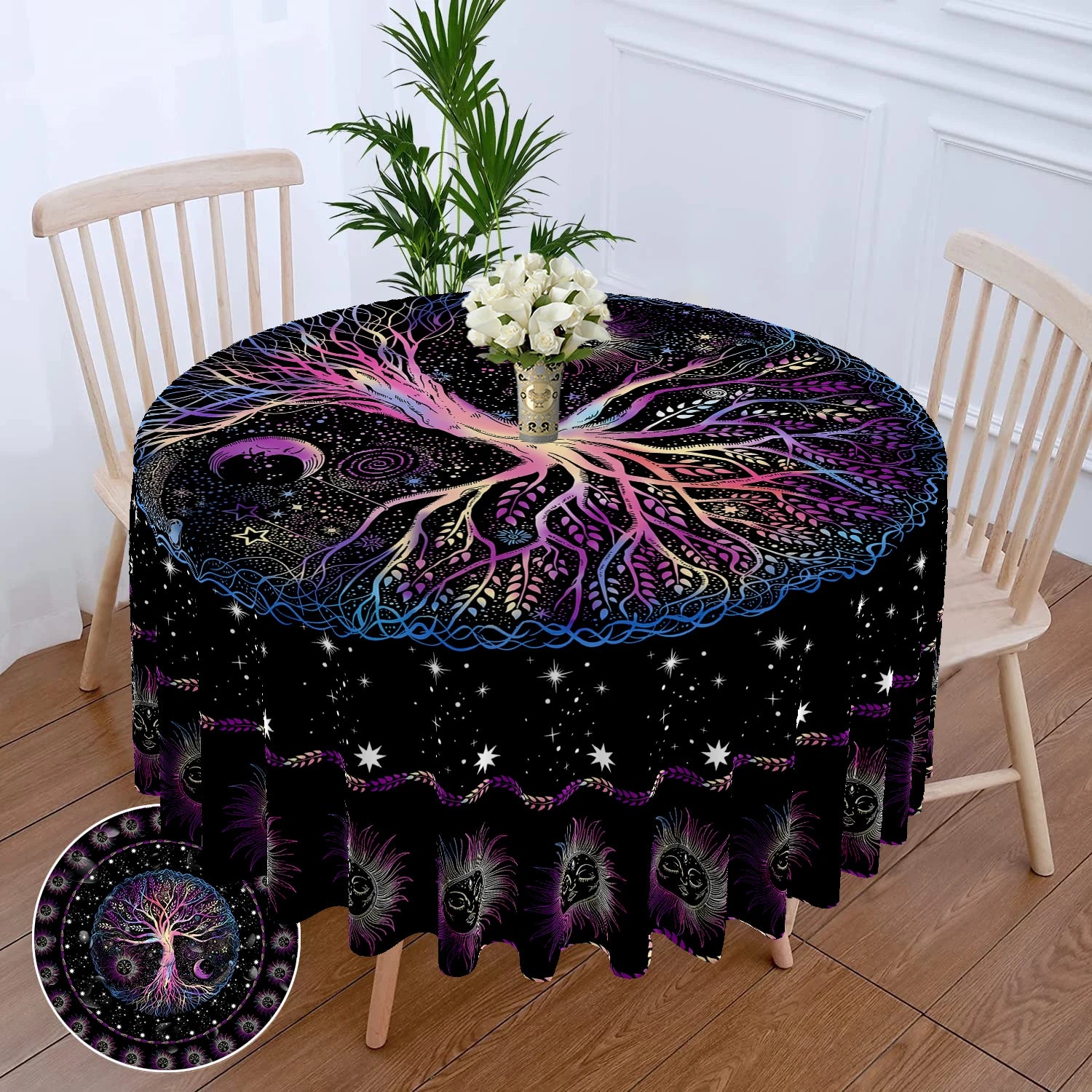 Nappe Ronde Bohème Noire Arbre de Vie et Phases de Lune – Image 7