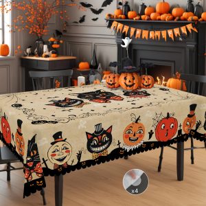 Nappe d'Halloween Rétro Beige à Chats et Citrouilles