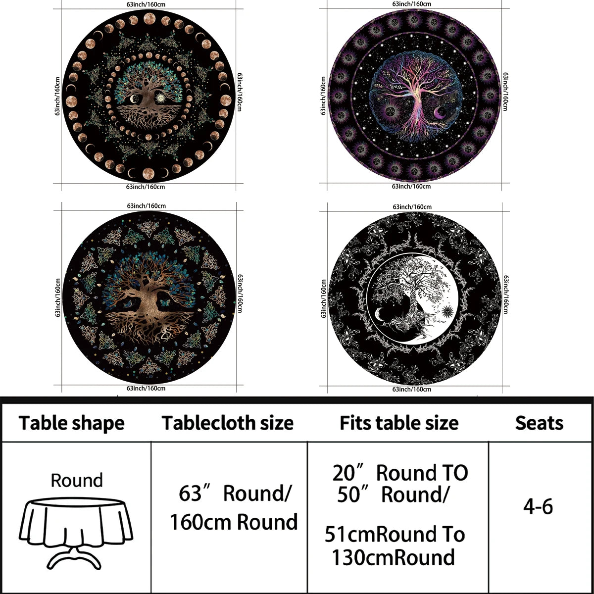 Nappe Ronde Bohème Noire Arbre de Vie et Phases de Lune – Image 3
