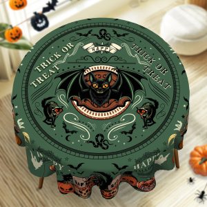Nappe Ronde Halloween Vert "Trick or Treat" à Chauve-Souris