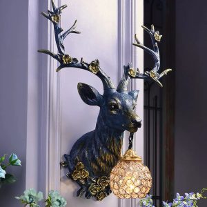 Applique Murale Cerf Bleu Nuit Ornée de Fleurs et Cristaux
