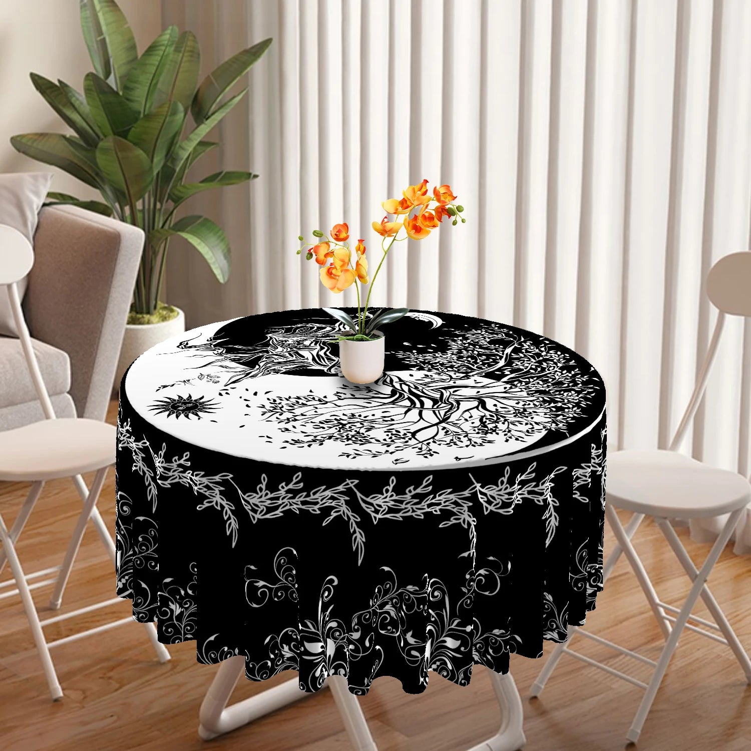 Nappe Ronde Bohème Noire Arbre de Vie et Phases de Lune – Image 5