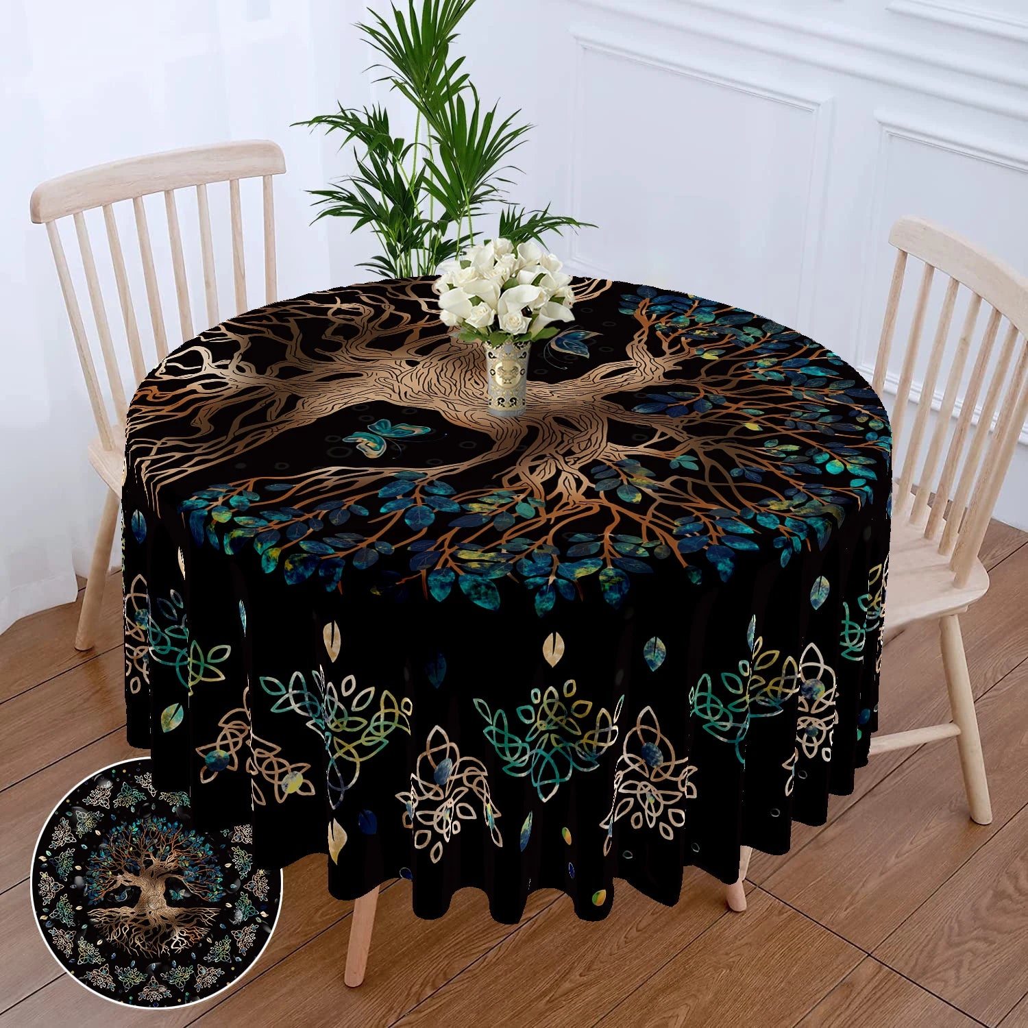 Nappe Ronde Bohème Noire Arbre de Vie et Phases de Lune – Image 9
