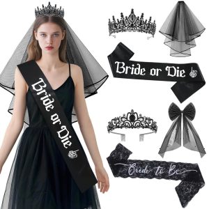 Kit de Mariée Gothique Noir Voile Tiare et Écharpes