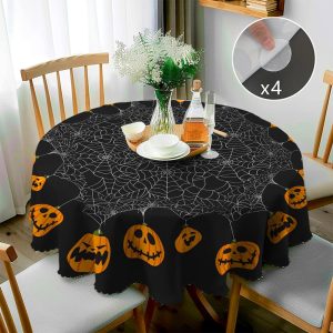 Nappe Ronde d'Halloween Noire à Toiles et Citrouilles