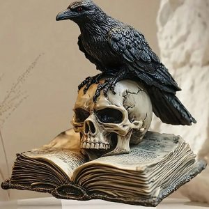 Statuette de Corbeau Noir sur Crâne et Livre Ouvert