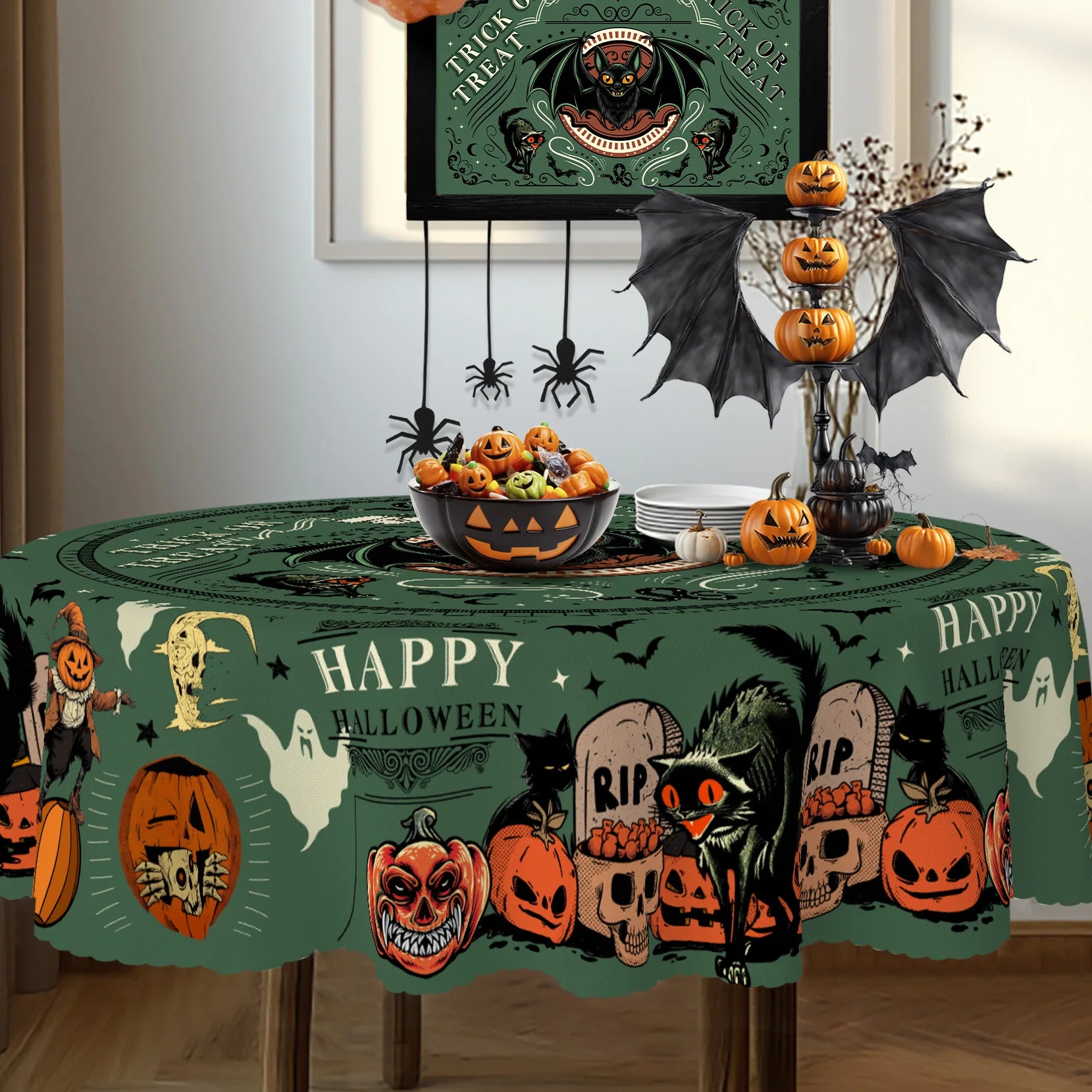 Nappe Ronde Halloween Vert "Trick or Treat" à Chauve-Souris – Image 6