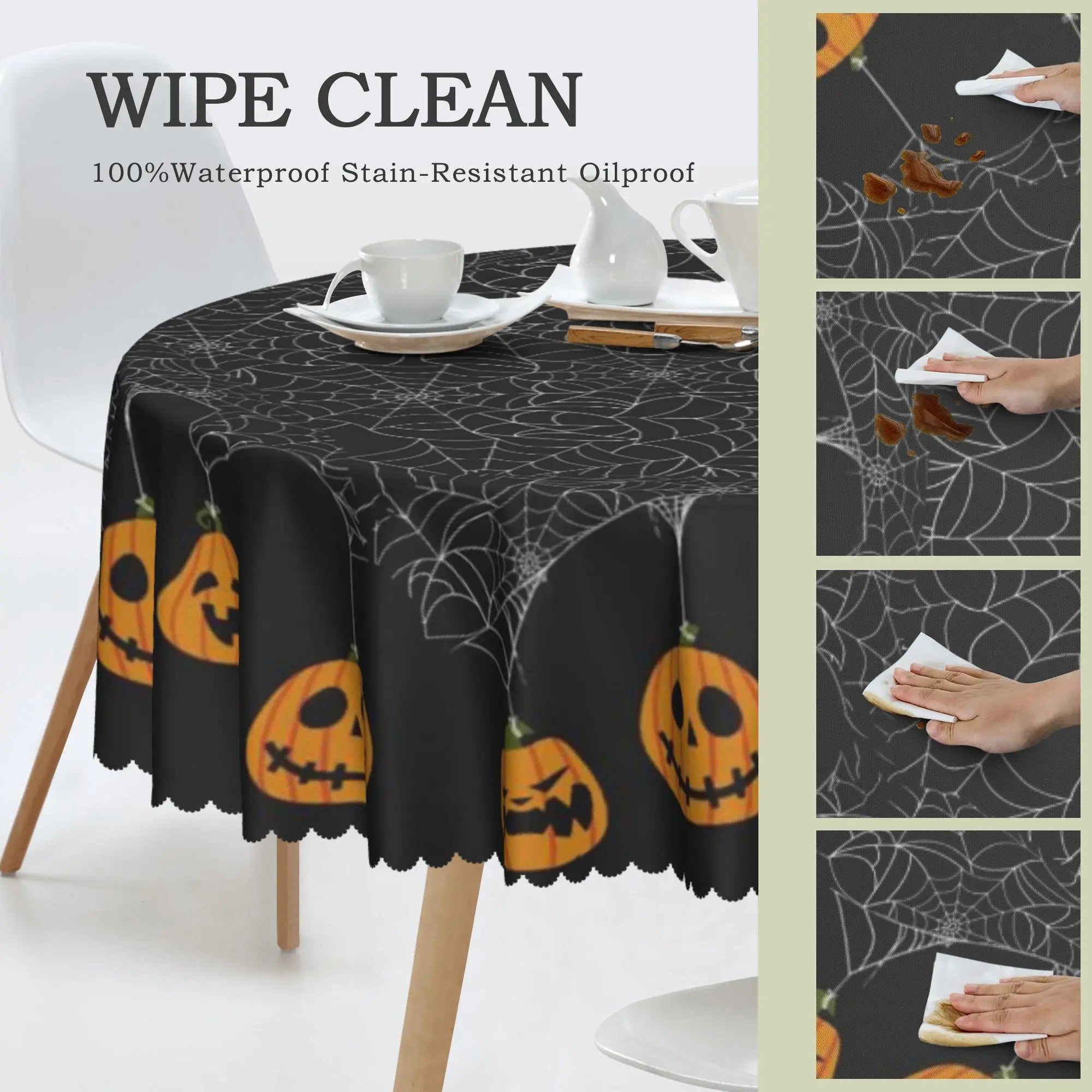 Nappe Ronde d'Halloween Noire à Toiles et Citrouilles – Image 5