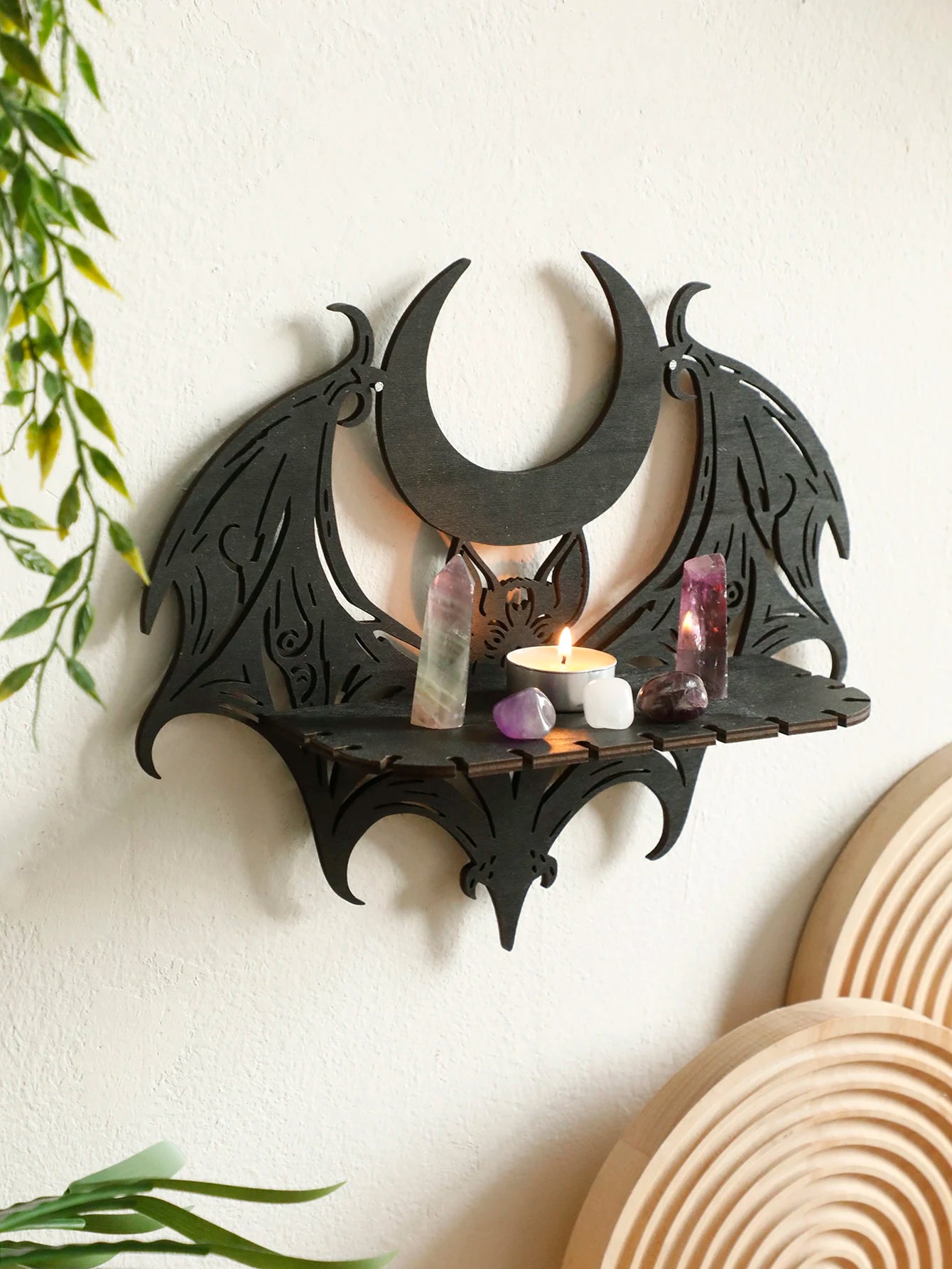 Étagère Murale Gothique en Bois Noir Chauve-Souris – Image 2
