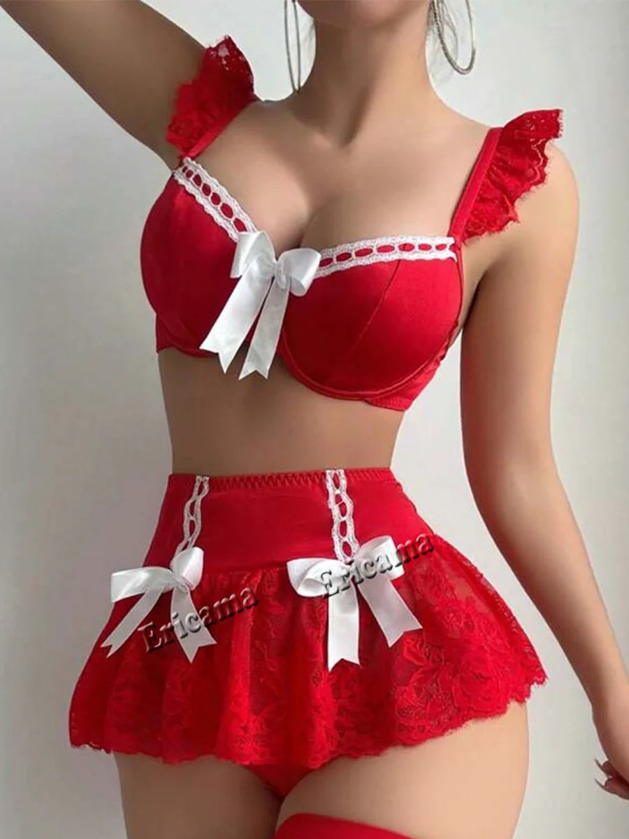 Ensemble Lingerie Noir en Dentelle, Volants et Nœuds Blancs – Image 7