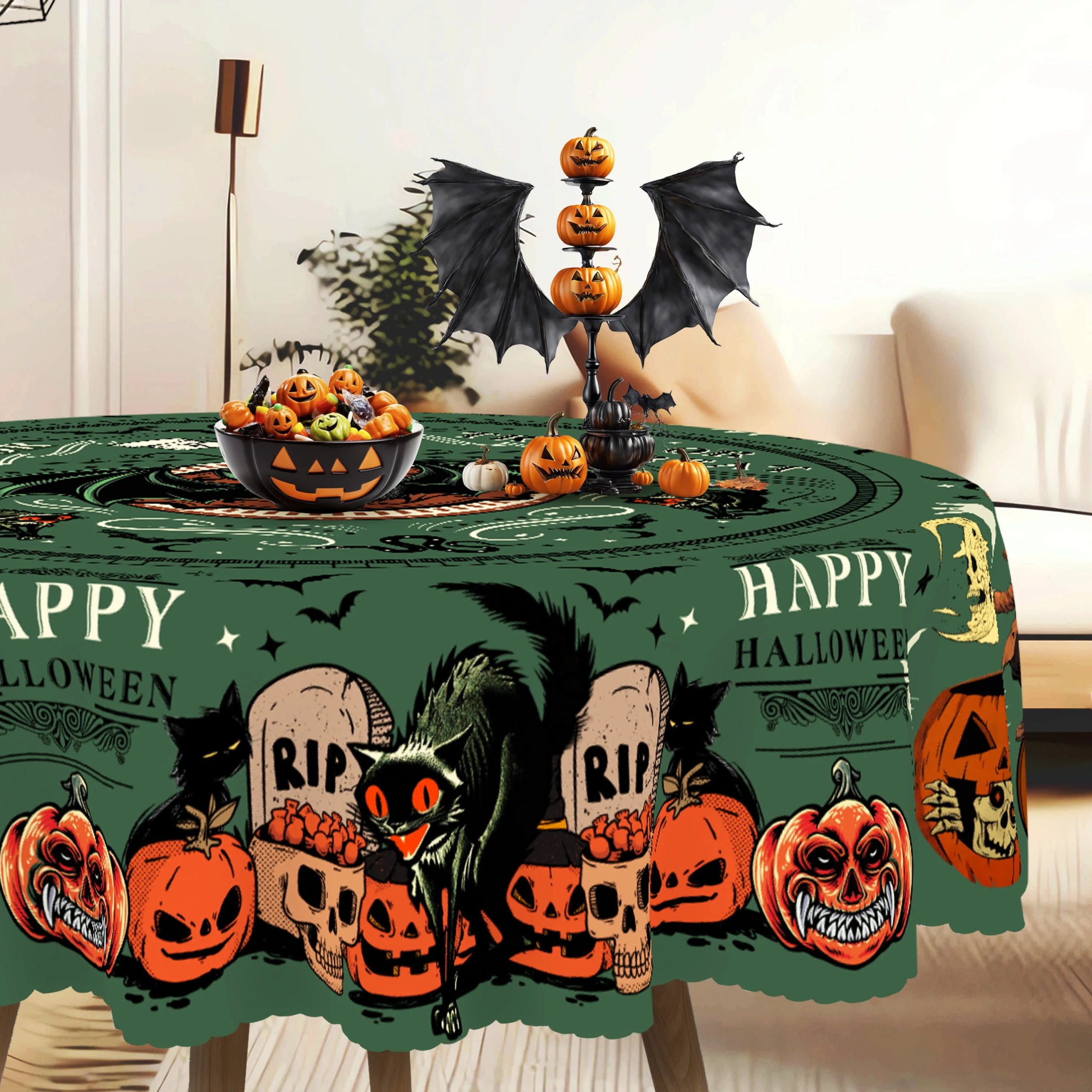 Nappe Ronde Halloween Vert "Trick or Treat" à Chauve-Souris – Image 4