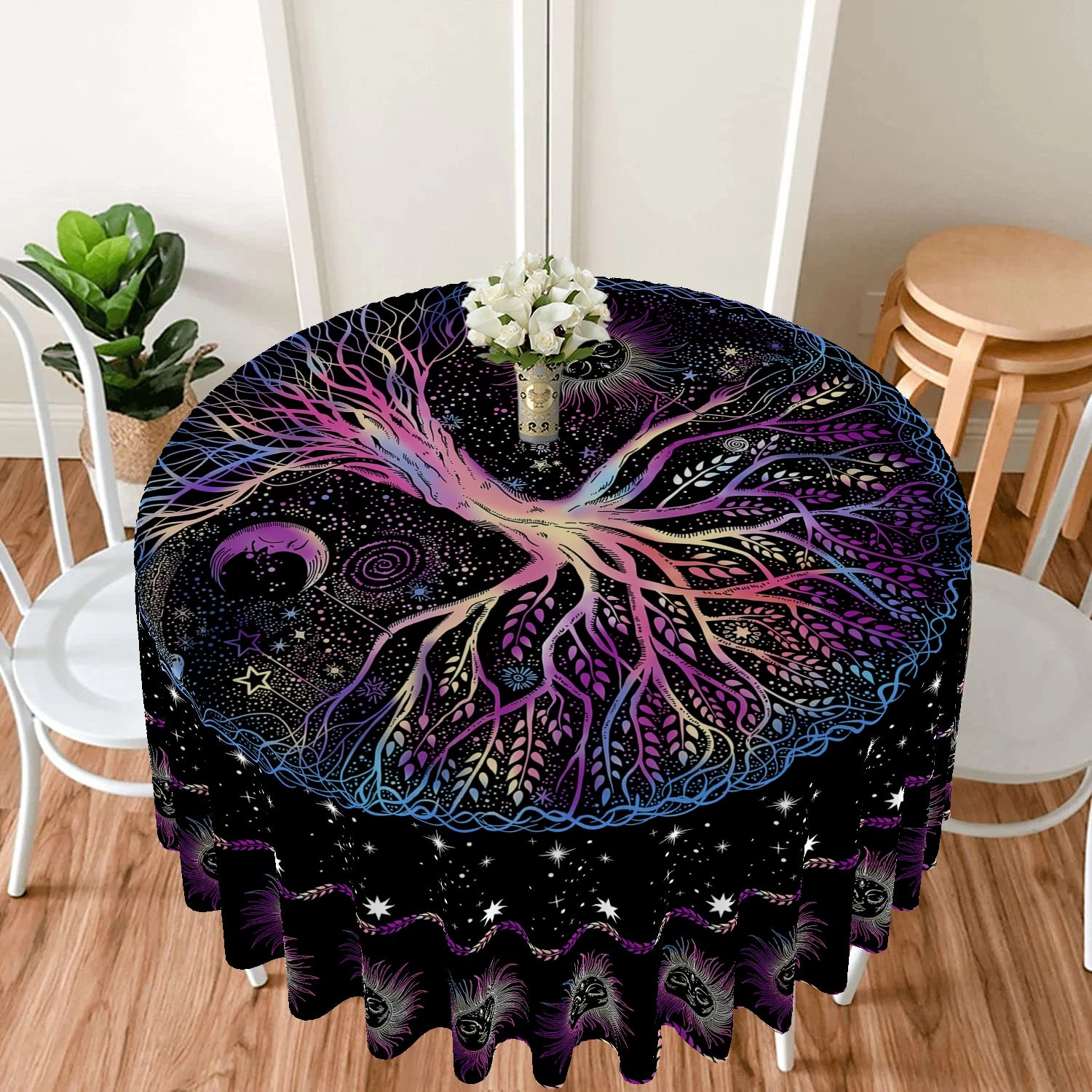 Nappe Ronde Bohème Noire Arbre de Vie et Phases de Lune – Image 2