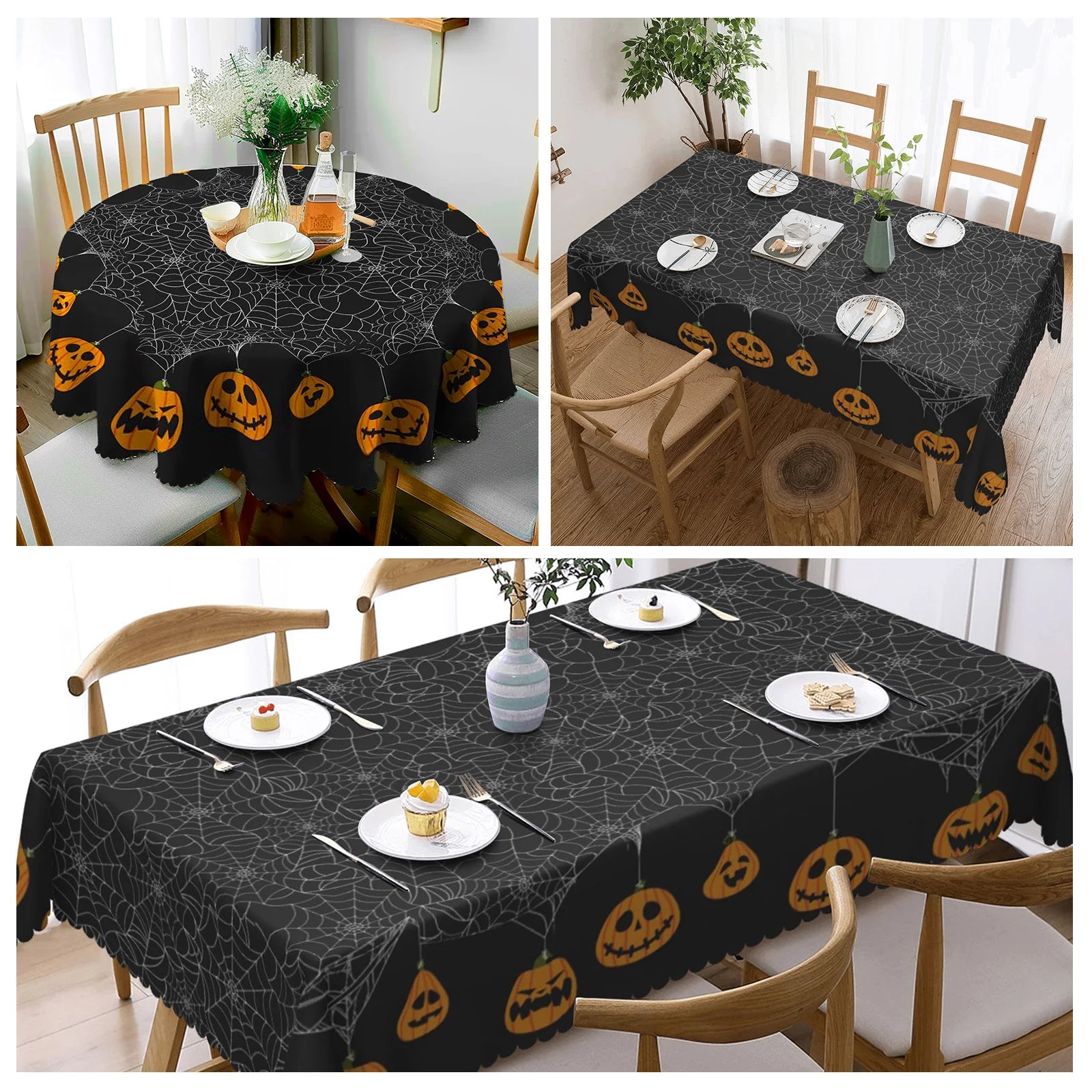 Nappe Ronde d'Halloween Noire à Toiles et Citrouilles – Image 2