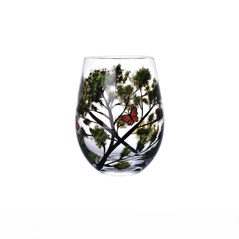 Verre à Vin Peint à la Main Motifs Arbres Saisons – Image 10