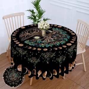 Nappe Ronde Bohème Noire Arbre de Vie et Phases de Lune