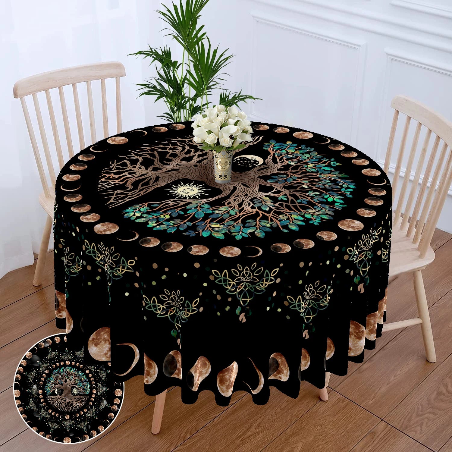 Nappe Ronde Bohème Noire Arbre de Vie et Phases de Lune
