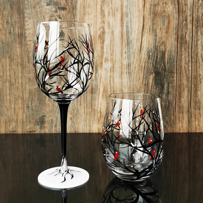 Verre à Vin Peint à la Main Motifs Arbres Saisons – Image 4