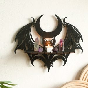 Étagère Murale Gothique en Bois Noir Chauve-Souris