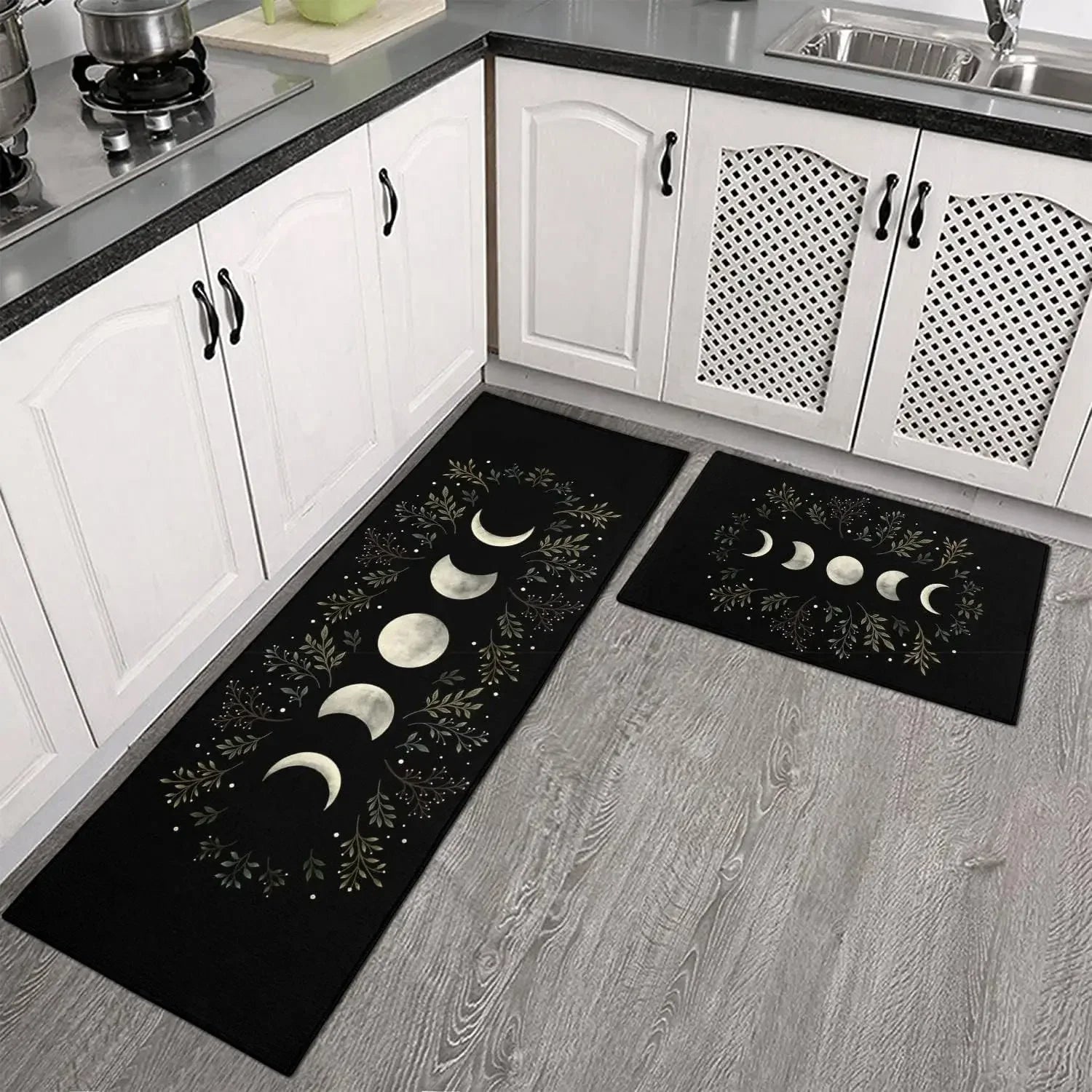 Ensemble de Tapis de Cuisine Noir à Phases de Lune