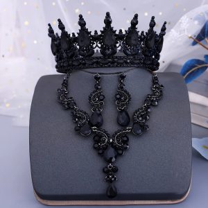 Parure Noire Couronne, Collier et Boucles Goutte