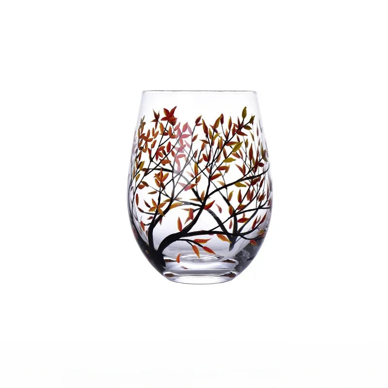 Verre à Vin Peint à la Main Motifs Arbres Saisons – Image 9